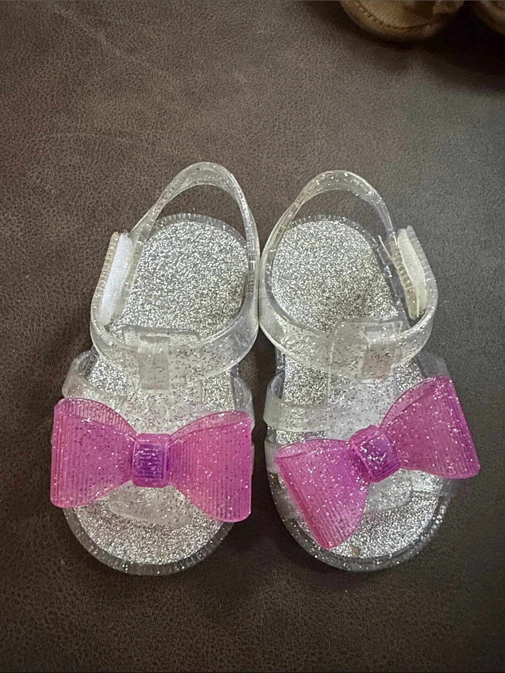 Sparkly silver and pink bow jelly shoes baby toddler girl size 2 Velcro strap